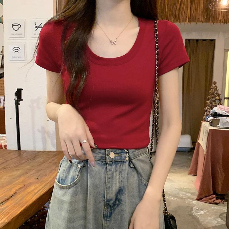 Однотонная футболка с круглым вырезом на правом плече для женщин, летняя, из чистого хлопка, эластичная, тонкая, короткая, горячая, для девушек, с короткими рукавами