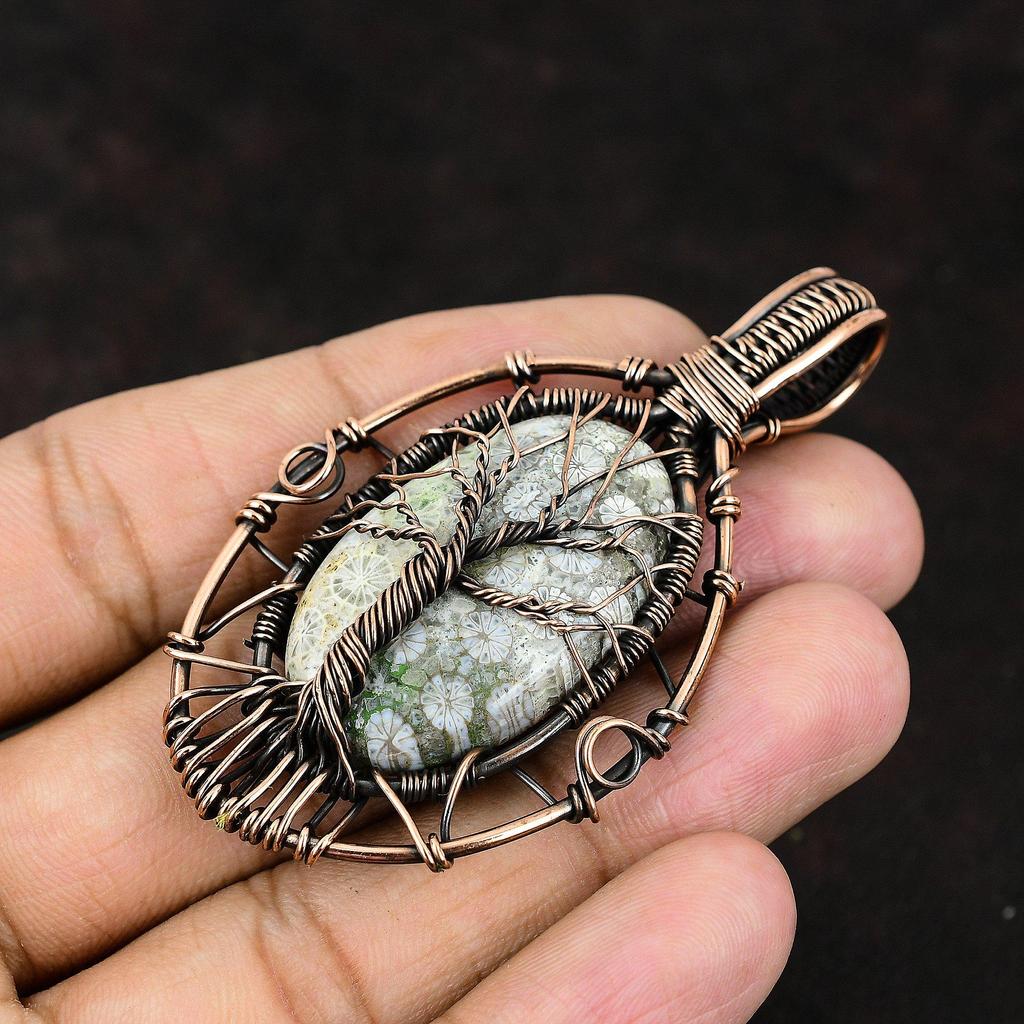 Древо жизни ископаемый коралловый драгоценный камень кулон медная проволока обернутый кулон ручная работа медные украшения подарок для нее ископаемый коралловый драгоценности для женщин