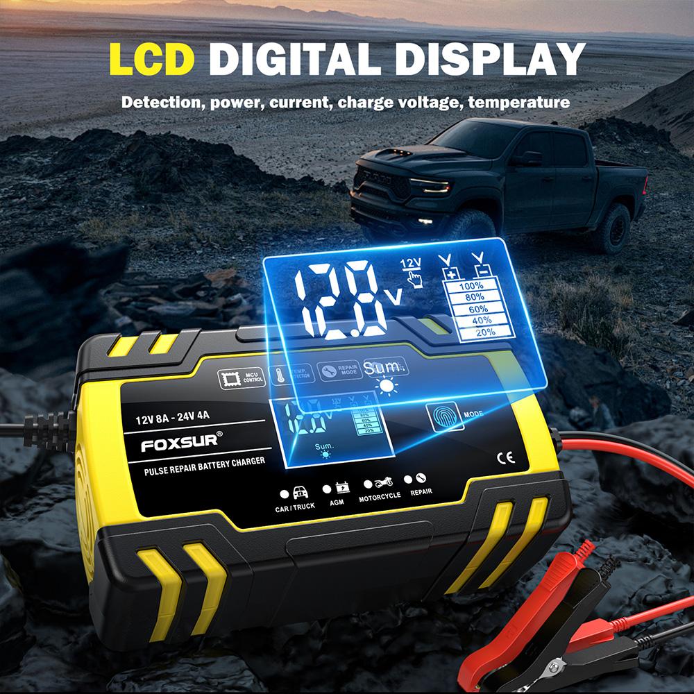 12V/8A 24V/4A Полностью автоматическое автомобильное зарядное устройство Импульсный ремонт FOXSUR Автомобильный грузовик AGM Свинцово-кислотный ЖК-дисплей Автоматическая зарядка аккумулятора FBC122408D
