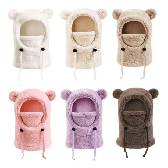 Детская лыжная шапка однотонная, с декором в виде медвежьих ушек, 3-в-1, с защитой лица, шарфом и головным убором, ветрозащитный флисовый головной убор для холодной погоды с регулируемыми шнурками