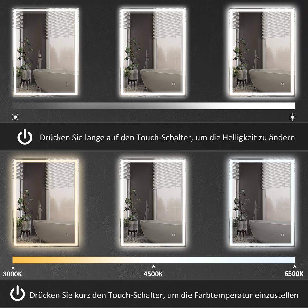 90 x 70cm LED Bathroom Mirror with Lights, Dimmable Makeup Mirror, Vanity Mirror with 3 Colour, Smart Touch, Anti-Fog