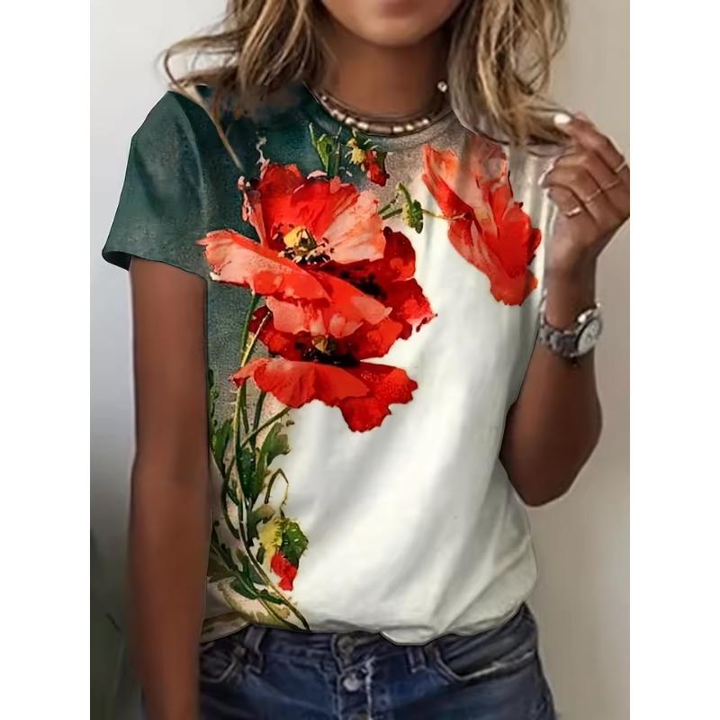Женская летняя футболка с круглым вырезом, темпераментная, дышащая, с коротким рукавом, с ретро цветочным узором, свободная, для повседневной носки, женская 3D футболка