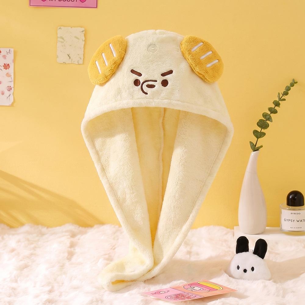 Cute Little Dog Coral Fleece Dry Hair Cap. The Cap Has Excellent Water Absorption and Quick Drying Properties. It Is A Thick Wash Hair and Bath Cap.