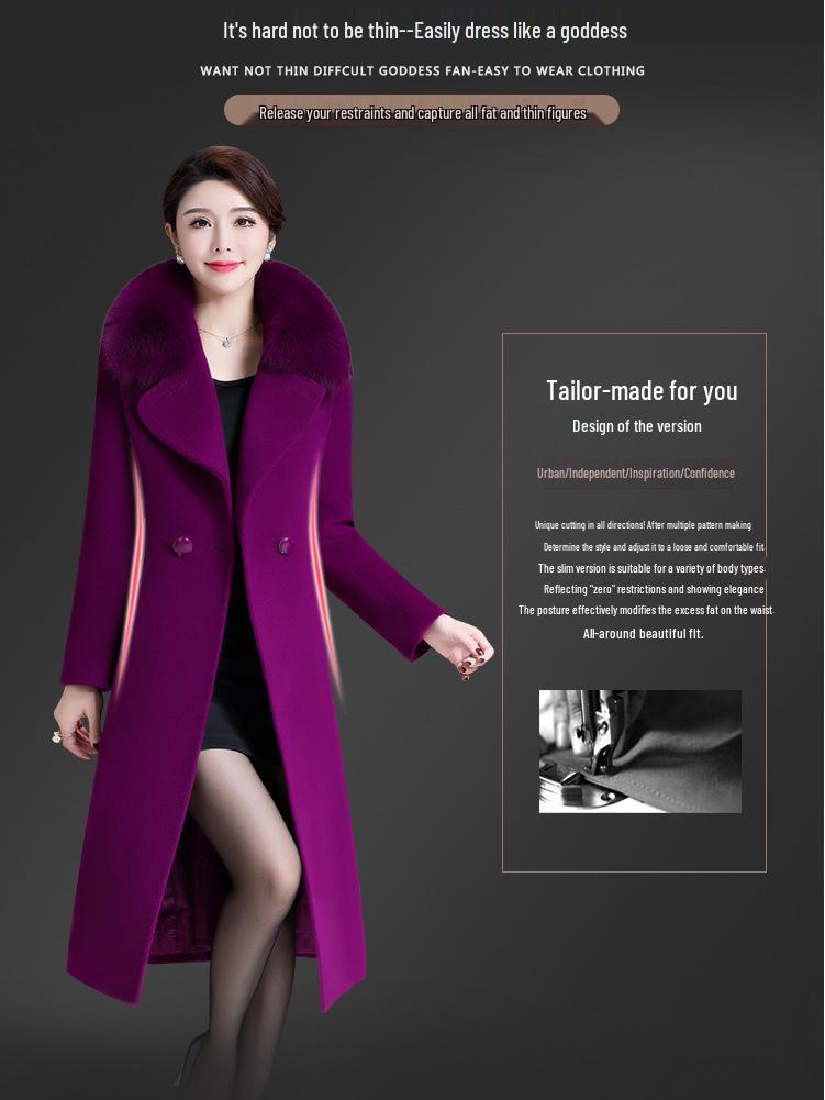Women's Mid-Length Woolen Coat with Fox Fur Collar - Korean Style for Autumn & Winter