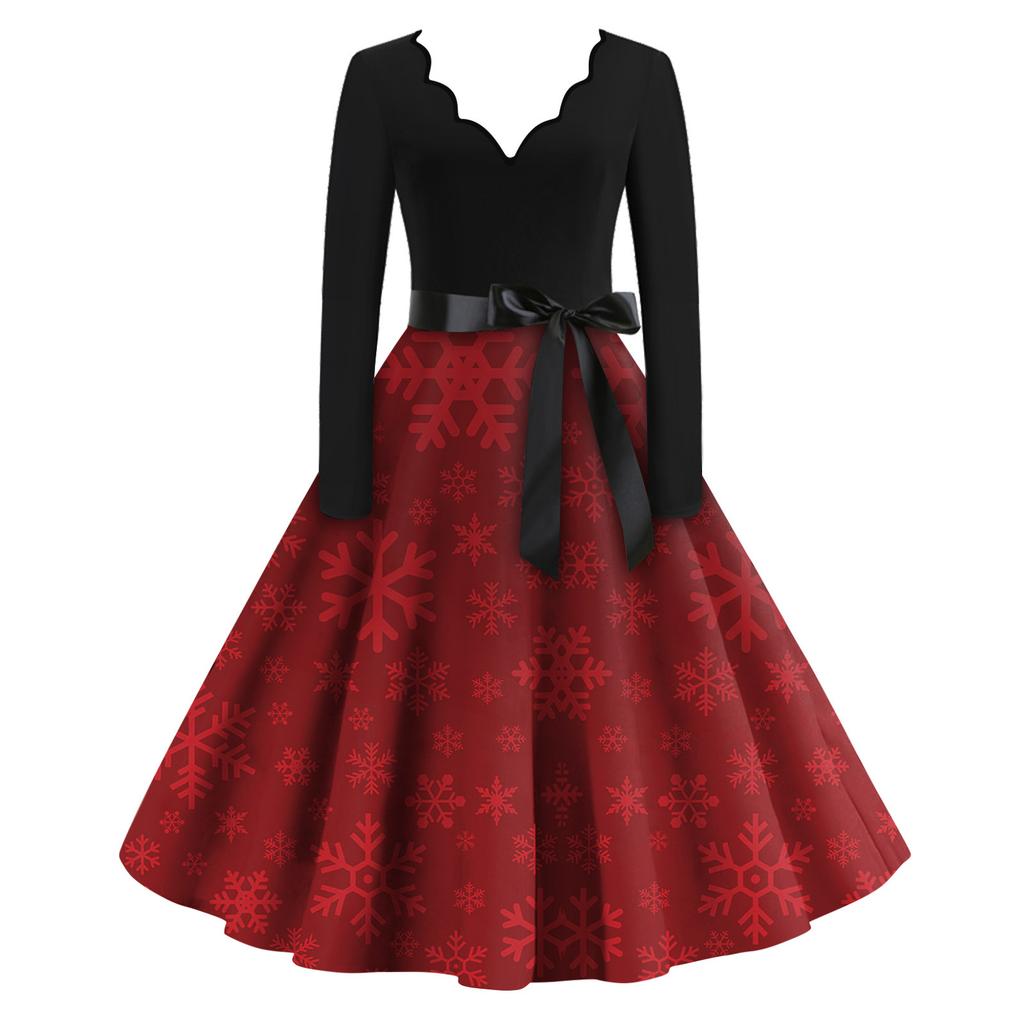 Женские модные повседневные тонкие рождественские платья с длинным рукавом с v-образным вырезом и принтом