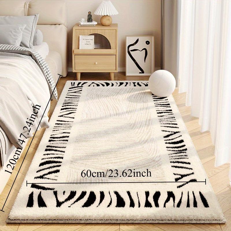 Luxurious Faux Cashmere Area Mat Non-Slip, Irregular Shape, Soft & Fluffy, Black & White Striped Design for Living Room or Bedroom Decor