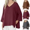 Женская повседневная модная однотонная блузка с V-образным вырезом, свободного кроя, с разрезом, повседневная, однотонная, из хлопка и льна