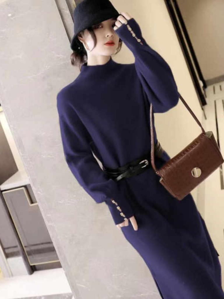 Вязаное платье женское осенне-зимнее рукава-фонарики темперамент светская львица новинка пояс на талии полувысокое горло свитер длинное платье