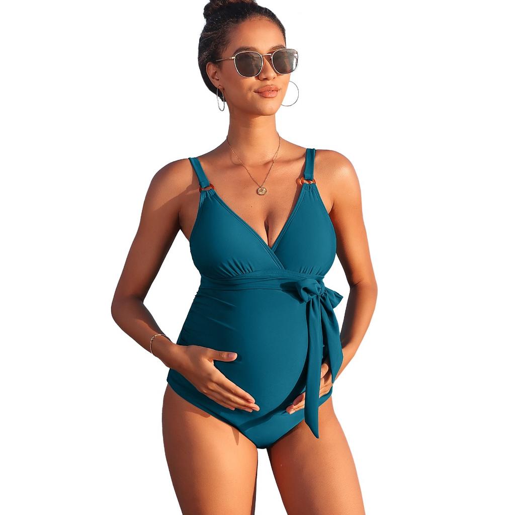 CHARMLEAKS Купальник для беременных Цельный купальный костюм с V-образным вырезом для беременных с завязками спереди и рюшами Купальники
