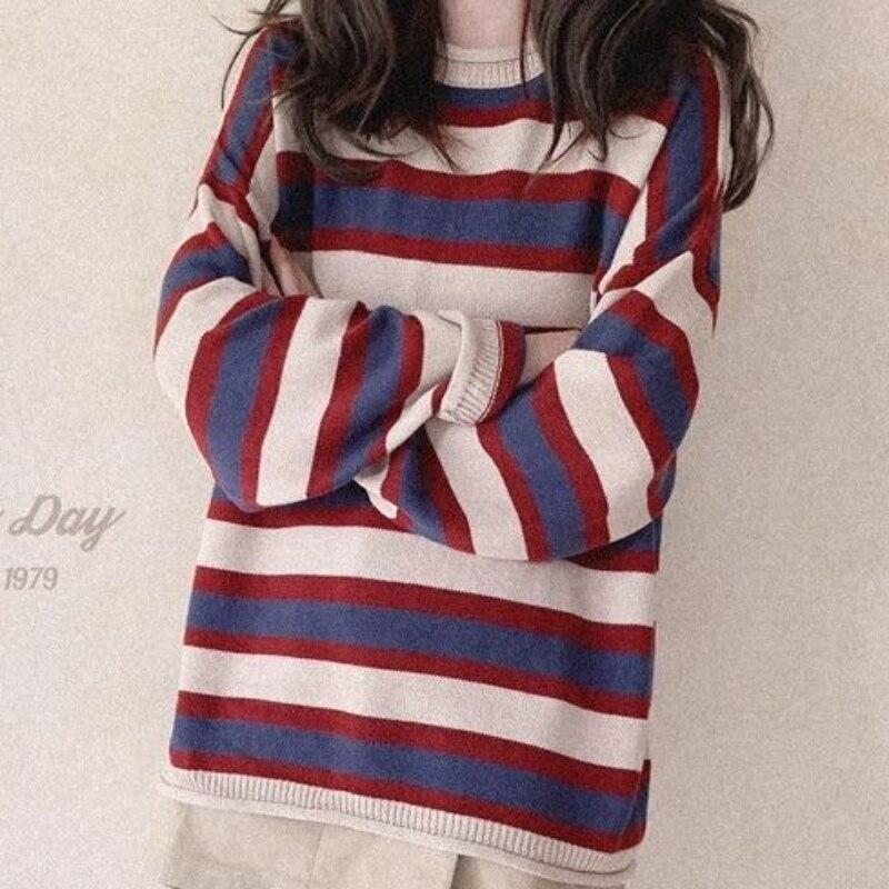 Американский ретро синий красный полосатый вязаный свитер пальто женский весенне-осенний повседневный пуловер с длинным рукавом с круглым вырезом свитер пуловер