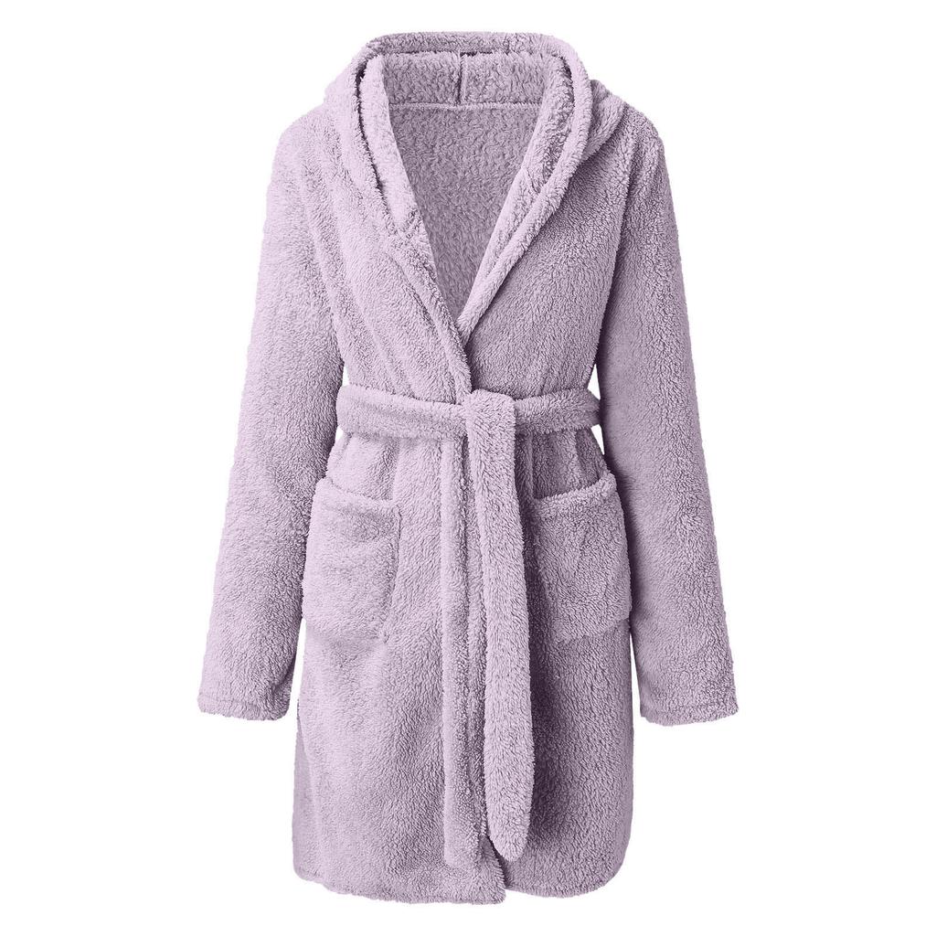 Winter Hooded Home Plush Pajamas Solid Color Warm Bathrobe Women