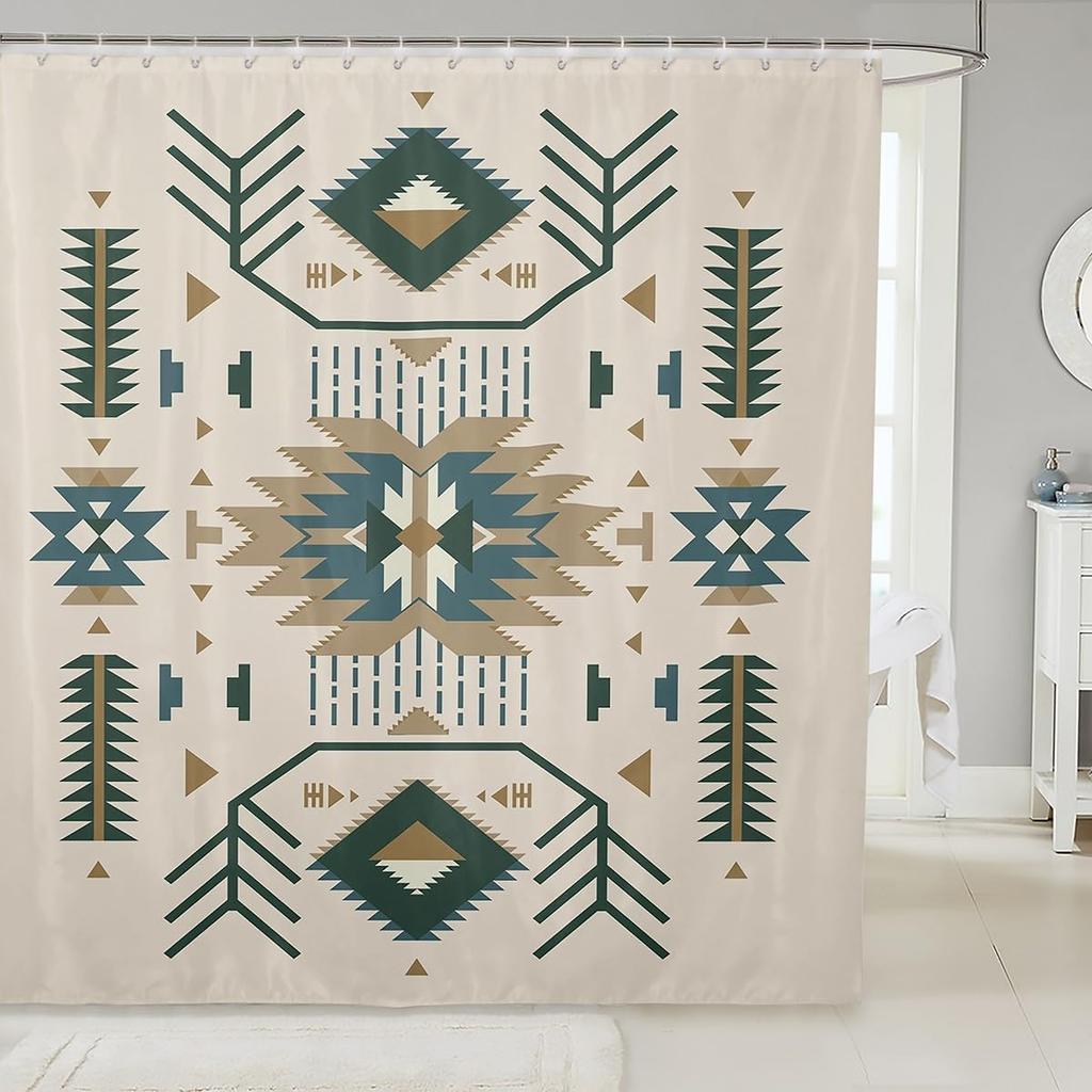 Southwest Shower Curtain, Geometric Aztec Tribal Pattern Bathroom Curtain Vintage Striped Western Waterproof for Kids Girls