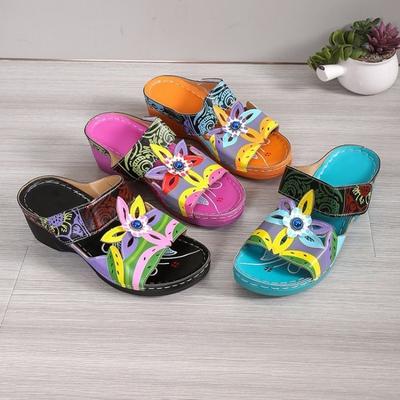 Клинья Шлепанцы Колорблок Племенной Цветочный Узор Новые Женские Платформы Слайды Племенной Цветочный Принт Сандалии Женская Этническая Обувь