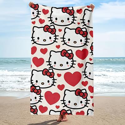 Hello Kitty Красное Сердце Пляжное Полотенце Односторонний Принт Мягкое Микрофибровое Пляжное Полотенце Бассейн Пляж Отпуск Аксессуар Милый Прекрасный Подарок