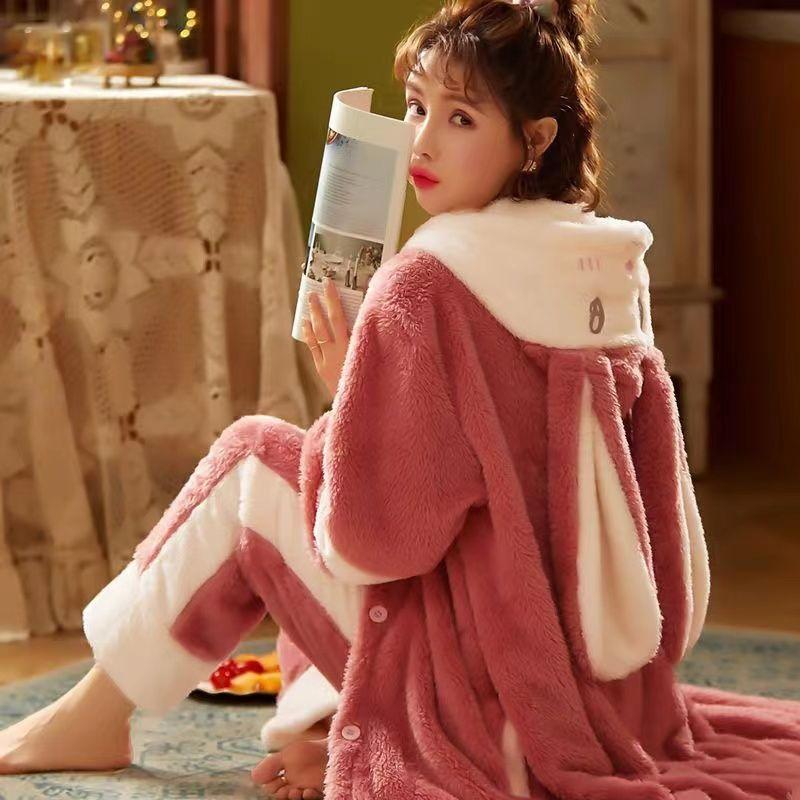 Пижама женская осень/зима фланелевая флисовая плотная ночная рубашка длинная милая коралловая флисовая домашняя одежда комплект можно носить на улице удобно