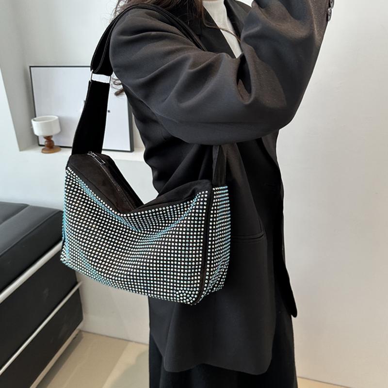 Yogodlns Fashion Rhinestone Shoulder Bag For Women Large Capacity PU Leather Bling Crossbody Messenger Bags Designer Rivets Shopping Bag