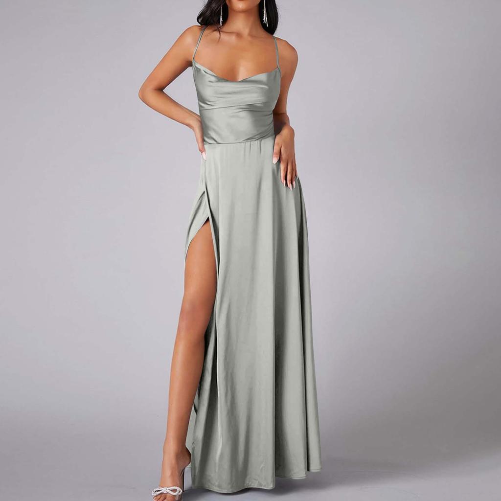 Женское летнее длинное атласное платье с открытой спиной и воротником-хомутиком на бретельках