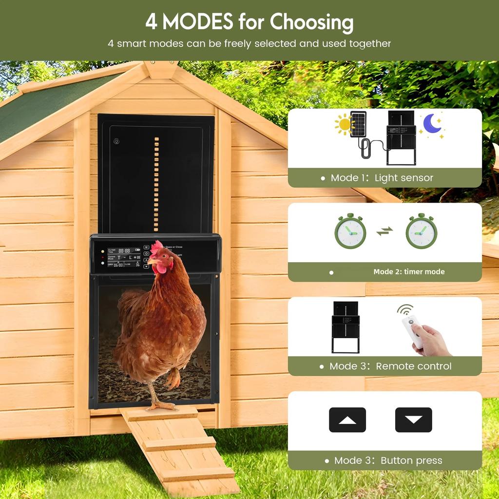 Solar Automatic Chicken Coop Door with LCD Screen, Light Sensor/ Timer/ Remote Control Auto Chicken Doors Anti Pinch Waterproof