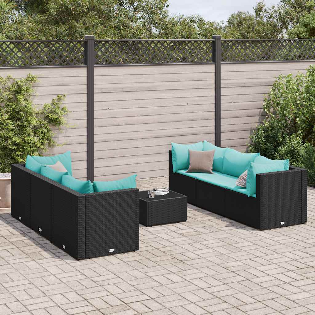 7 Piece Garden Lounge Set with Cushions Black Poly Rattan