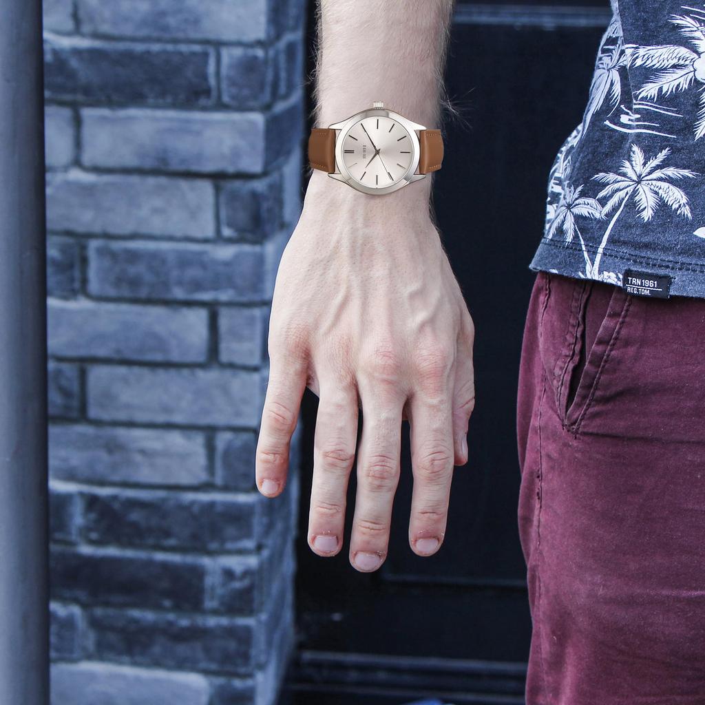 BUREI Мужские аналоговые кварцевые часы, Водонепроницаемые, Коричневый кожаный ремешок, Популярные, Тонкие, Простые, Стильные, Деловые, Повседневные, Мужские часы (Серебристый, Кожаный)