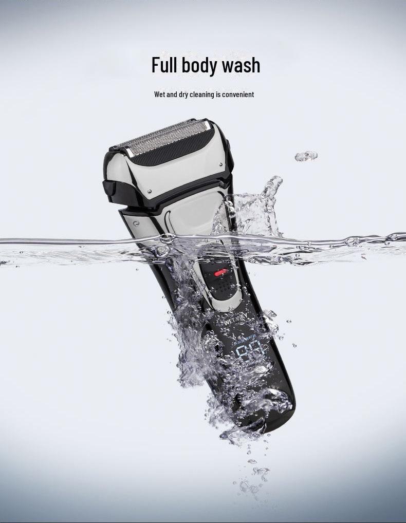 Мужская аккумуляторная электробритва с тремя лезвиями и выдвижным триммером, полностью моющаяся.