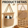 Braided Rope Wall Storage Pocket with Two Open Sections and Wooden Dowel for Bathroom Closet Entryway and Home Use