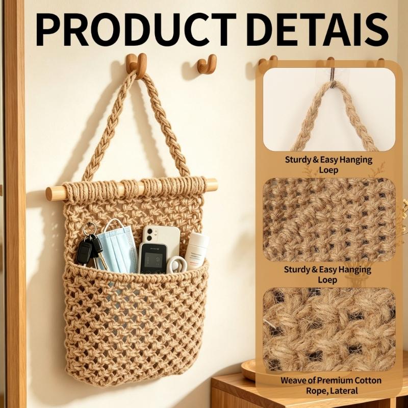Braided Rope Wall Storage Pocket with Two Open Sections and Wooden Dowel for Bathroom Closet Entryway and Home Use