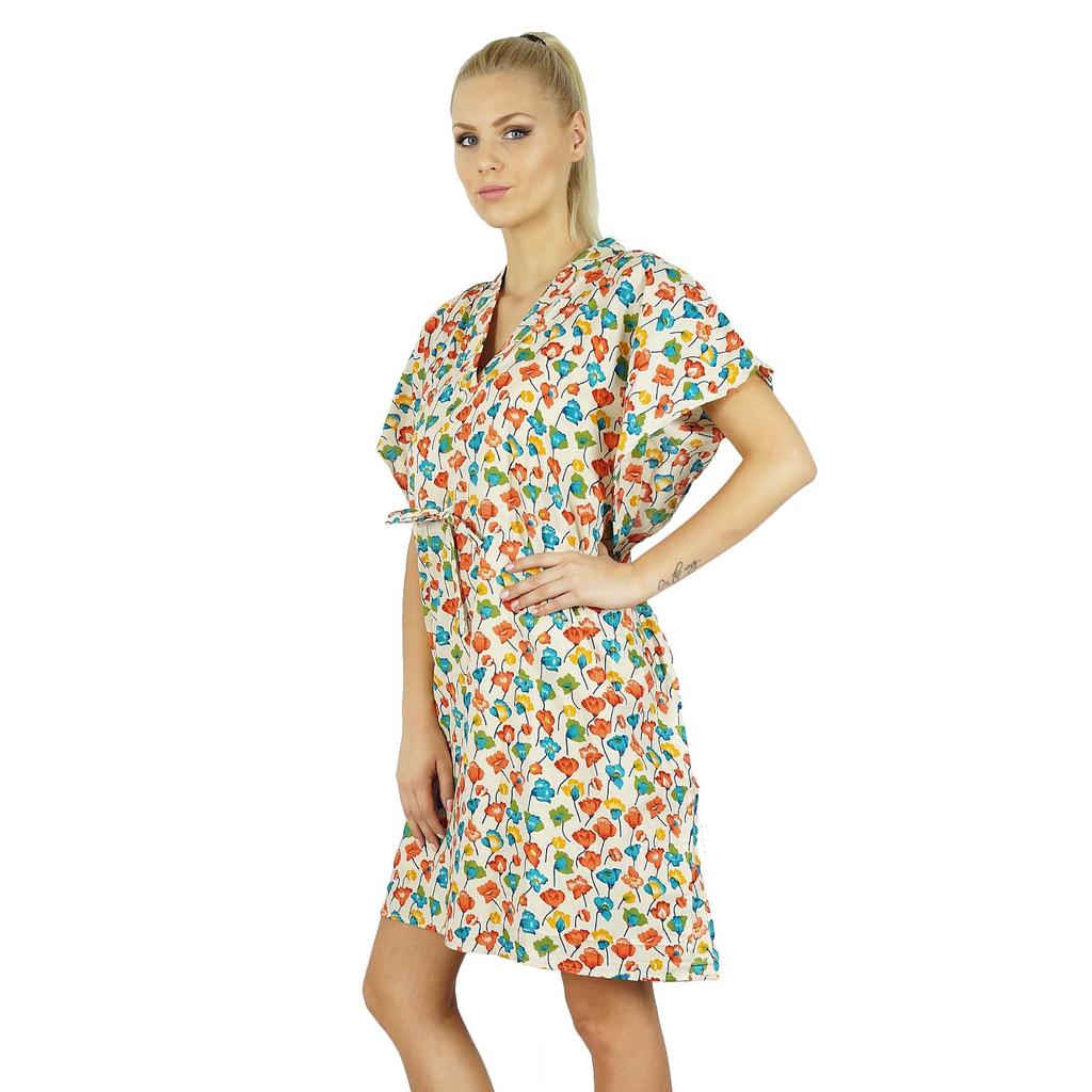 Bimba Женское платье-кафтан из хлопка с цветочным принтом, короткая туника, пляжный кафтан