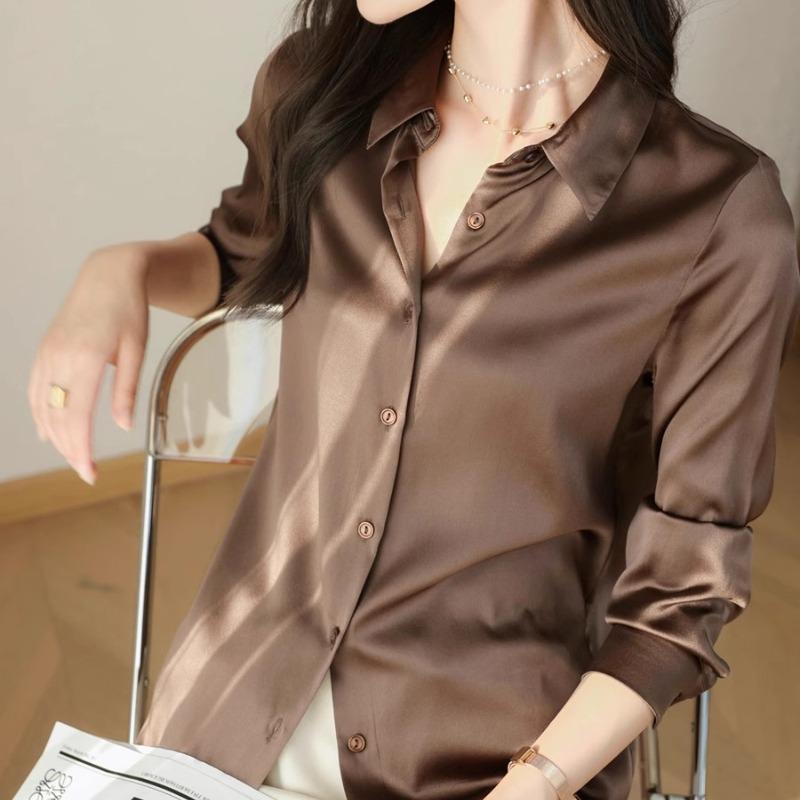 Модная повседневная офисная женская атласная рубашка, свободные топы с длинным рукавом, однотонные женские блузки больших размеров, элегантные винтажные простые женские рубашки на пуговицах 25678