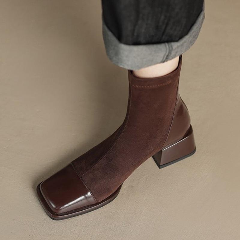 Модные женские туфли с квадратным носком и толстым каблуком, короткие сапоги, новые осенне-зимние лаконичные эластичные узкие туфли на высоком каблуке Zapatos De Mujer