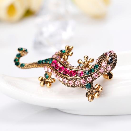 Retro Lizard Gecko Shape Brooch Shining Rhinestones Inlaid Pin Faux Silk Shawl Buckle Dress Badge Outfit Accessories
