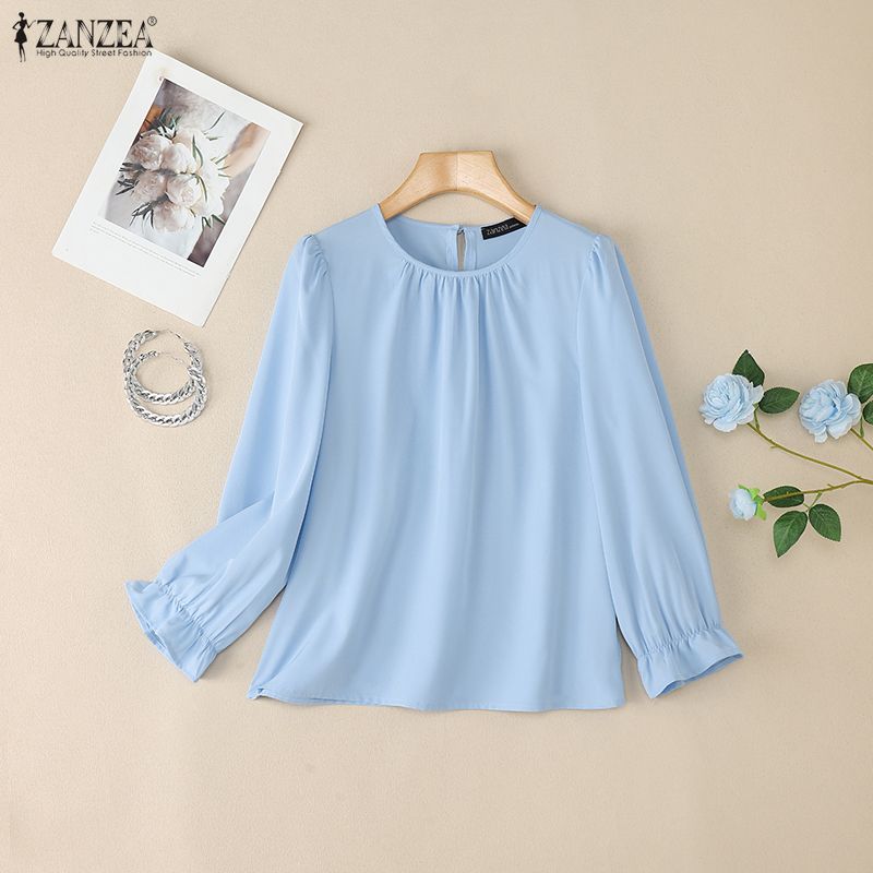 ZANZEA Women Casual Round Neck Loose Long Sleeve Plain Blouse