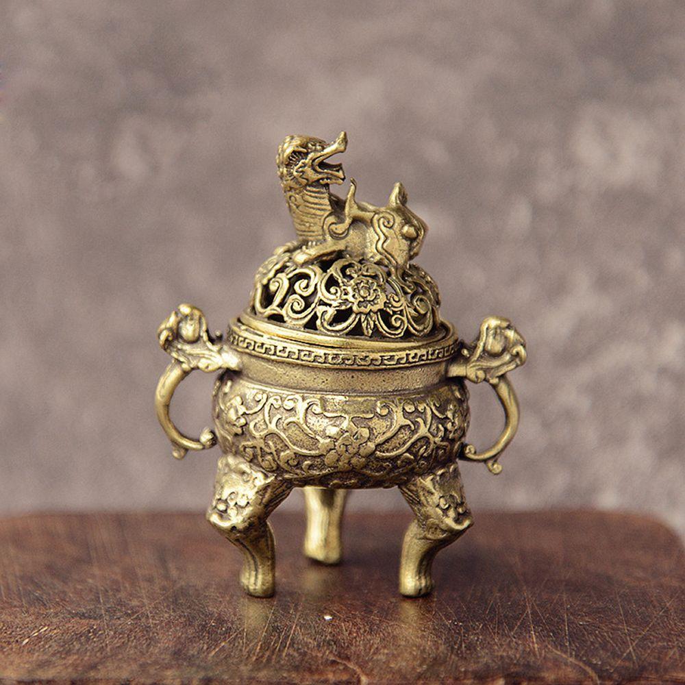 Desktop Ornaments Home Decoration Retro Brass Censer Hollow Lotus Incense Burner Mini Qilin Head