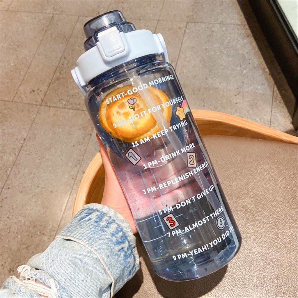 2L Sports Straw Water Bottle With Stickers Portable Large Capacity Fitness Bike Cup Summer Ice Cold Water Jug With Time Marker