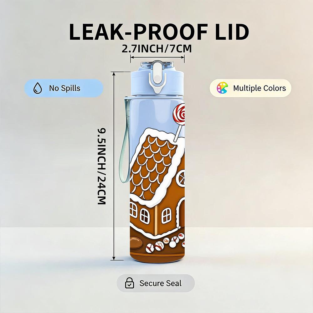 1PC Gingerbread House Candy Cane 750ml Color Plastic Sports Water Bottle Leakproof Flip Straw Lid Suitable for Sports Office Home Use