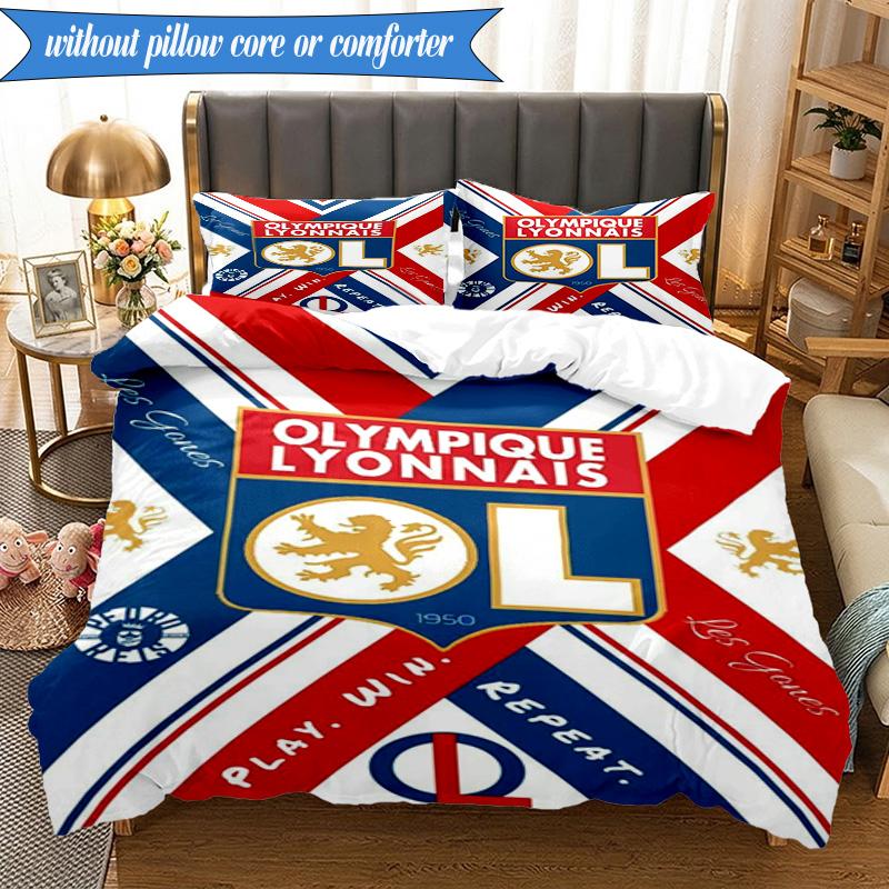 3PCS Lyon Football Crest Design Printed Soft Bedding Set,Including 1pc Duvet Cover And 2pcs Pillowcases Perfect for Bedroom, Dormitory, Fan gift