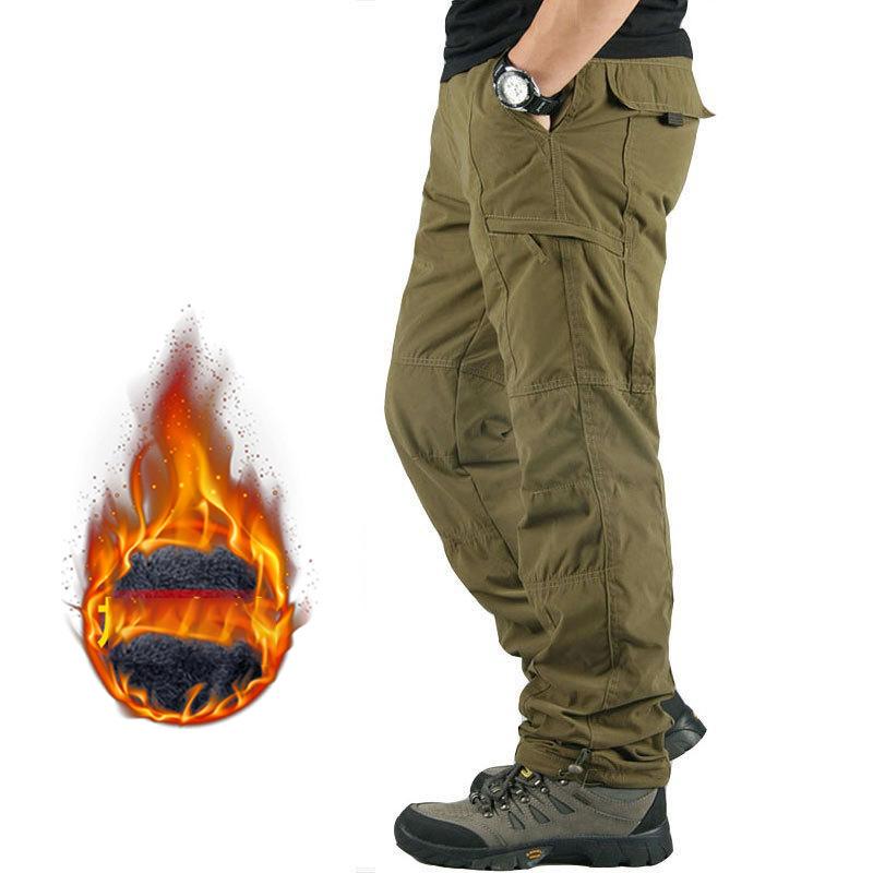 Fall Winter Mens Thickened Padded Multi Pocket Pants Plus Size Casual Straight Warm Layered Long Trousers