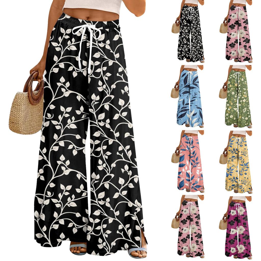 Женские свободные повседневные брюки с цветочным принтом и широкими штанинами, с эластичной талией на кулиске и карманами