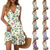 Женское летнее платье с V-образным вырезом, без рукавов, повседневное, с цветочным принтом, с плиссированным подолом