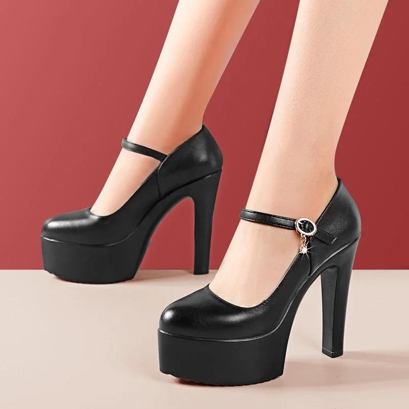 7 9 11 13 Small Size 32-43 Shallow Thick Bottom Genuine Leather Shoes Platform Pumps 2025 Block High Heels Shoes Model Office