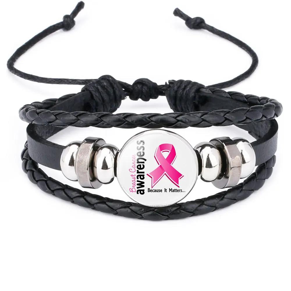 Pink Ribbon Charm Bracelet For Women Braided Leather Rope Bangle Girls Breast Cancer Awareness Hope Jewelry Accessories