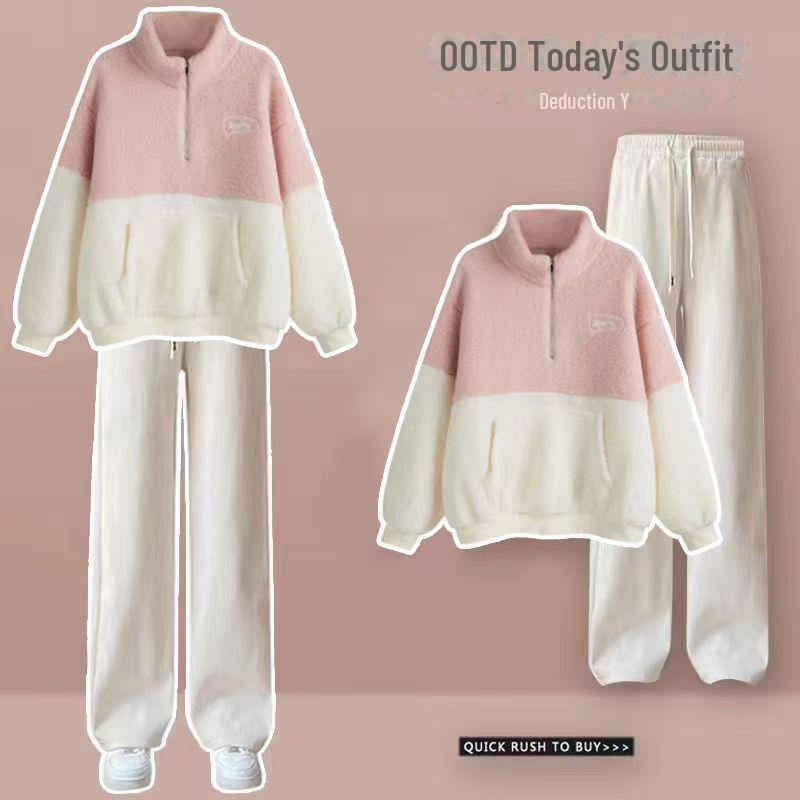 Women's Cozy Lamb Wool Two-Piece Suit: Plush Outerwear with Wide-Leg Pants for Autumn and Winter