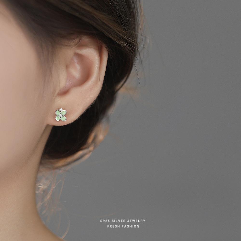 S925 Sterling Silver Green Flower Stud Earrings with Pearl & Zircon, Dainty Fresh Fashion Jewelry for Women