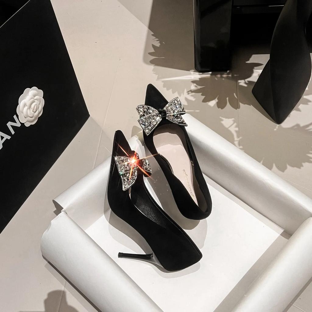 New Black Rhinestone Bow Women Pumps Luxury Banquet Shoes Sexy High Heels Shoes Women Stilettos Party Shoes Plus Size 43