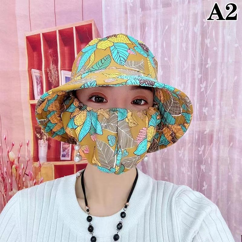 Summer Women Outdoor Print Fisherman Hat Uv Protection Wide Brim Garden Work Shade Hat Breathable Mask Integrated Cap