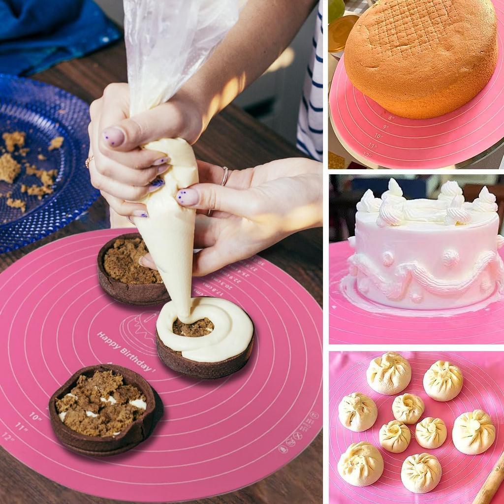 Silicone Cake Mat, 12 Inch Round Silicone Mat, Cake Mat with Measurements, Cake Turntable Mat, Reble Cookie Mat for Rolling Dough, Non-Stick Heat