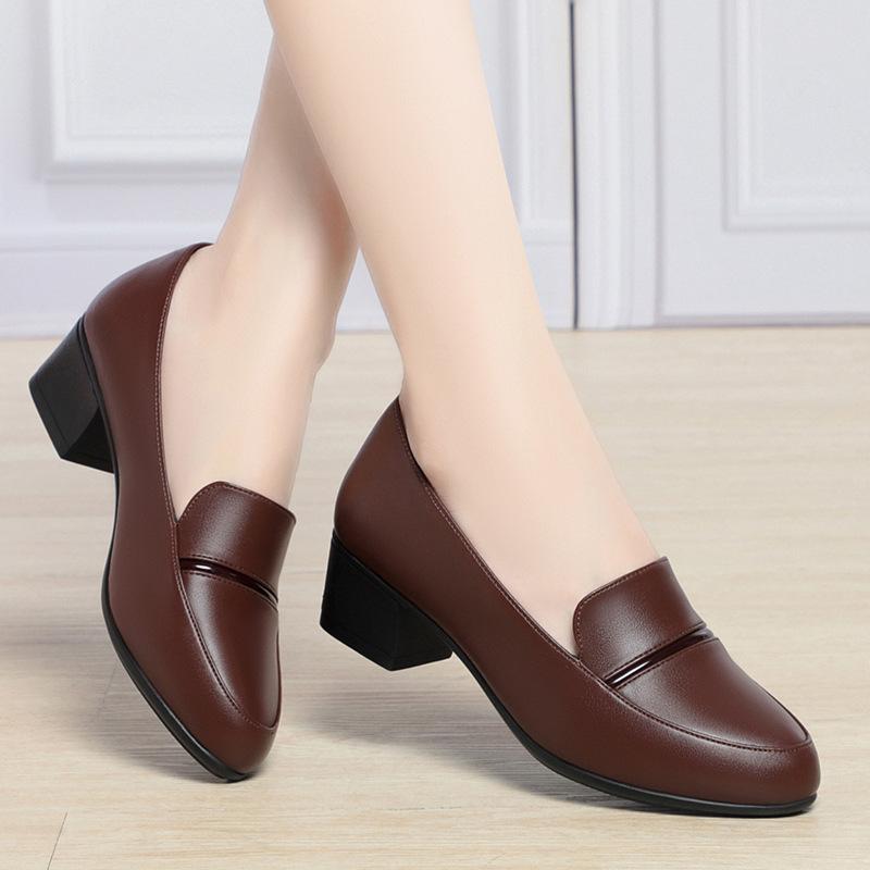 Women's High Heels Fashion Pumps Shoes Woman Genuine Leather Casual Single Shoes Comfortable Thick Heel Mother Shoes