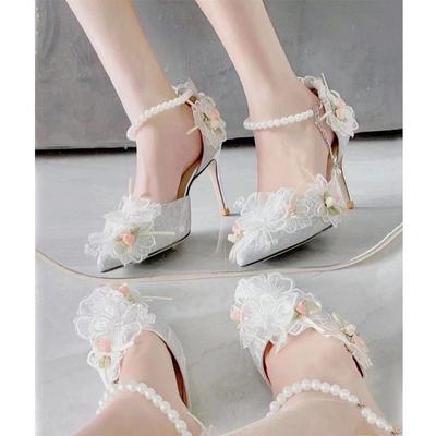 Туфли на высоком каблуке с пряжкой из одного слова, женские, весна и осень 2024, новые, 18-летние, свадебные туфли с серебряным украшением и кристаллами, свадебная обувь