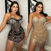 Women Summer Glam Sequins Night Mini Dress Birthday Outfits Sling Sexy See Through Mesh Black Rhinestone Tassel Party Short Dress