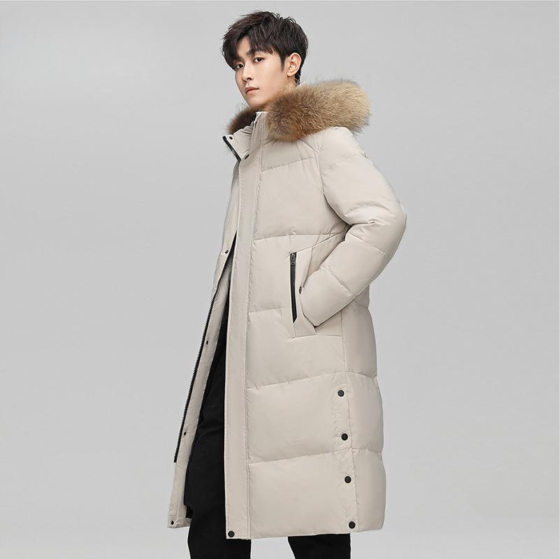 Длинный пуховик выше колена для мужской зимы, новый, с большим меховым воротником, толстый топ, парная куртка с капюшоном